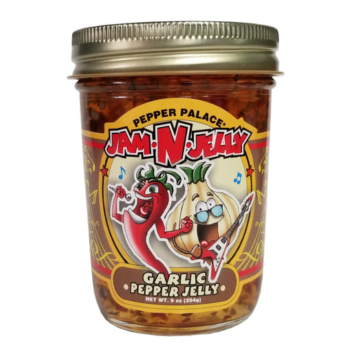 Pepper Palace Jam N Jelly Garlic Pepper Jelly with dancing garlic and peppers