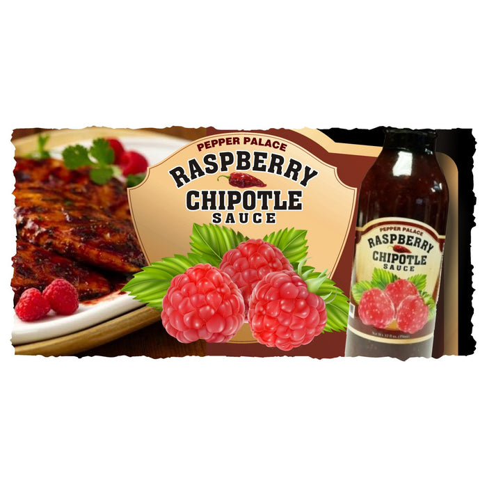 Raspberry Chipotle Sauce next to a plate of food and raspberries
