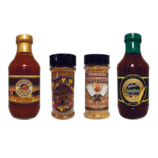A gift pack that contains 2 seasonings and 2 bbq sauces