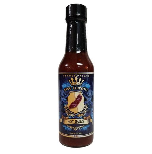 Bottle of King Chipotle hot sauce on a white background