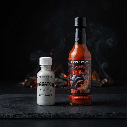 Two bottles of Pepper Palace hot sauce on a dark background with flames.