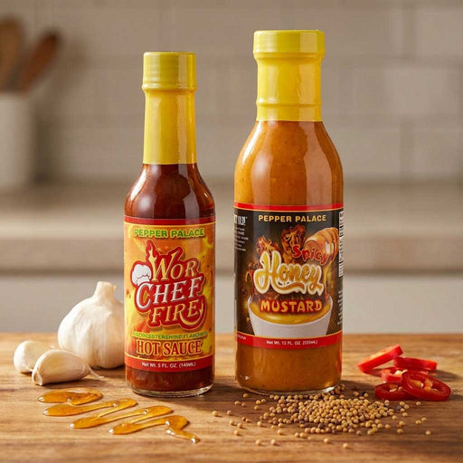 Two bottles of Pepper Palace hot sauce and mustard on a wooden surface with ingredients.