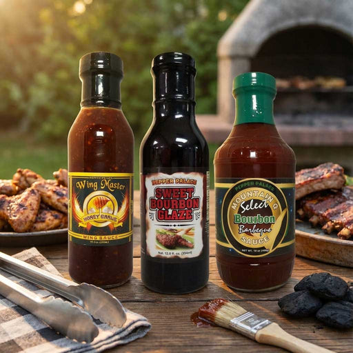 Three bottles of barbecue sauces on a wooden table with grilled food and grilling tools in the background.