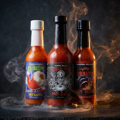 Hot sauces on a table with steam and smoke swirling around them