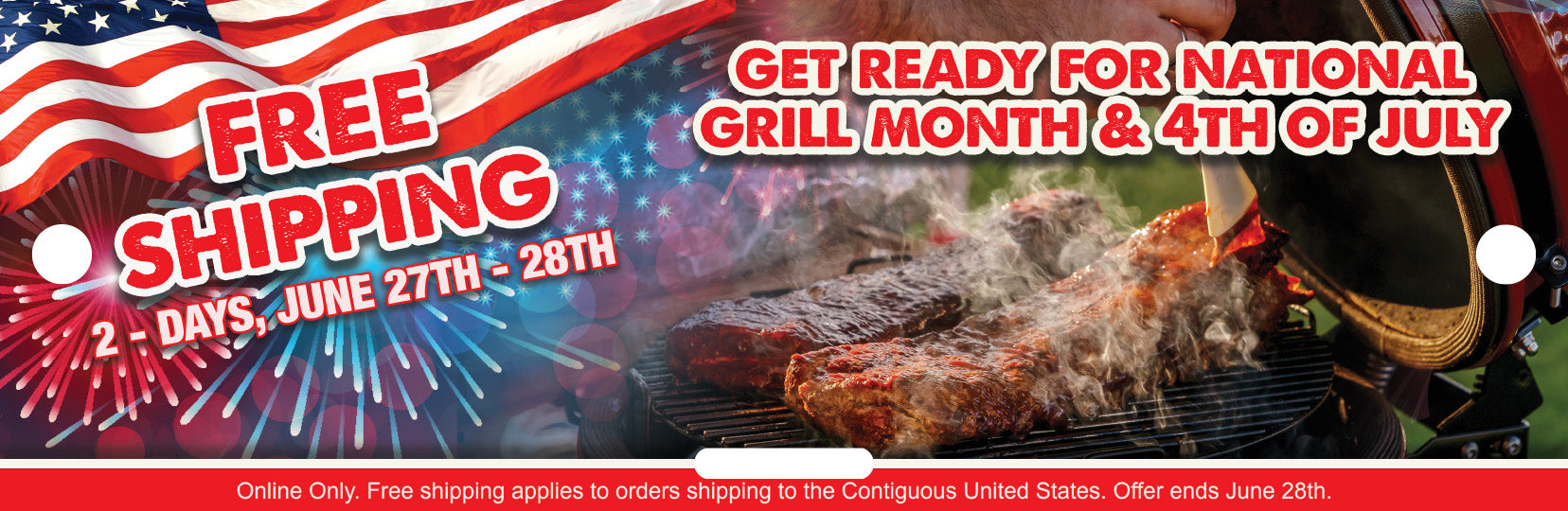 Promotional banner for free shipping offer during National Grill Month and 4th of July, featuring a grill and American flag.