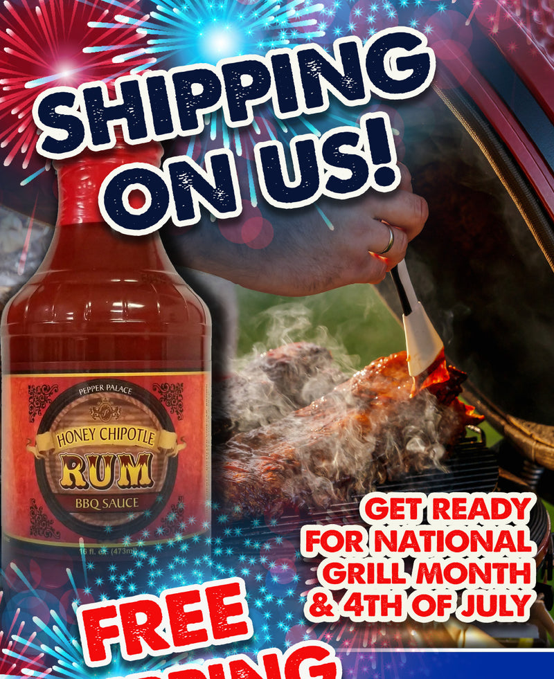 Honey Chipotle Rum BBQ Sauce bottle with smoking meat, fireworks, and promotional text for National Grill Month and 4th of July.