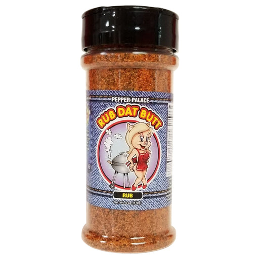 Bottle of 'Rub Dat Butt' seasoning with a cartoon character on the label against a white background