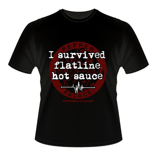I survived Flatline Hot Sauce with Pepper Palace logo on a black shirt