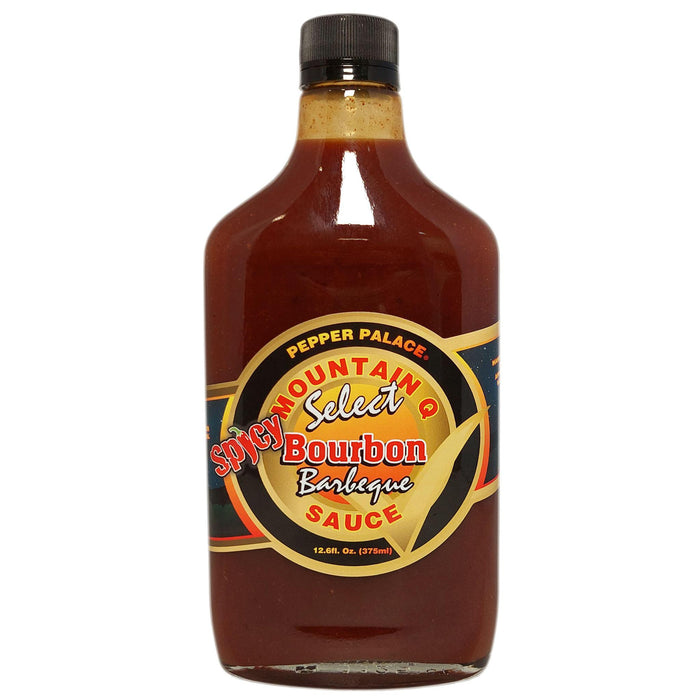 Pepper Palace Mountain Q Select Spicy Bourbon BBQ in flask bottle