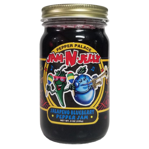 Pepper Palace Jam N Jelly Blueberry Jalapeno Jam in a jar with dancing jalapenos and blueberries
