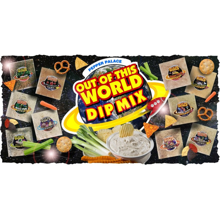 Out of this World Dip Mix with sour cream dip, chips, and pretzels