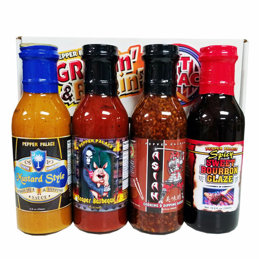 Pepper Palace Grillin and BBQin Gift Pack with sauce bottles in front