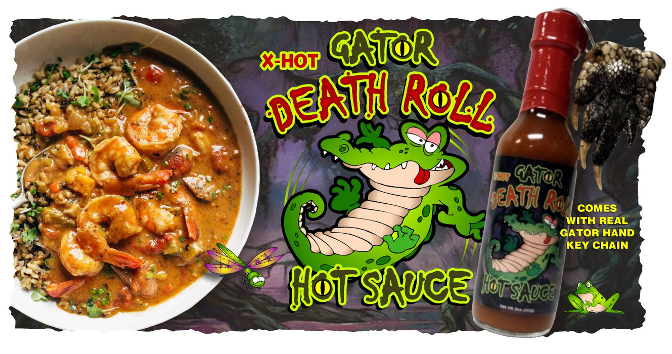 Gator Death Roll Hot Sauce in a shrimp and rice bowl