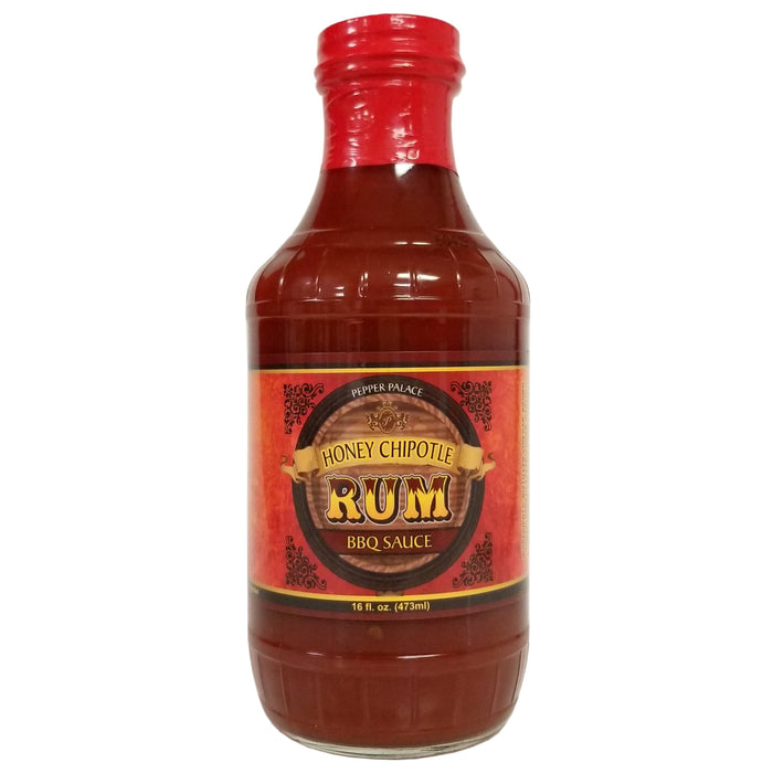 Pepper Palace Honey Chipotle Rum BBQ in a bottle with red label and cap