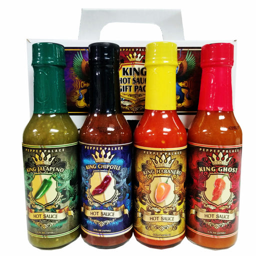 Pepper Palace It's Good to Be a King Gift Pack with sauce bottles in front