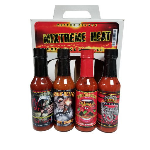 Pepper Palace Mixtreme Heat Gift Pack with bottles in front