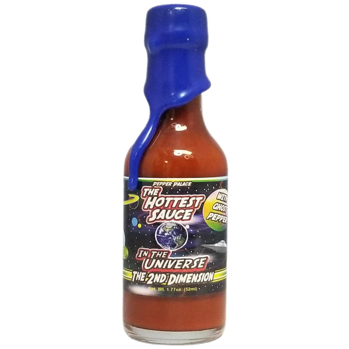 The Hottest Sauce in the Universe 2nd Dimension in a small bottle with a blue wax cap