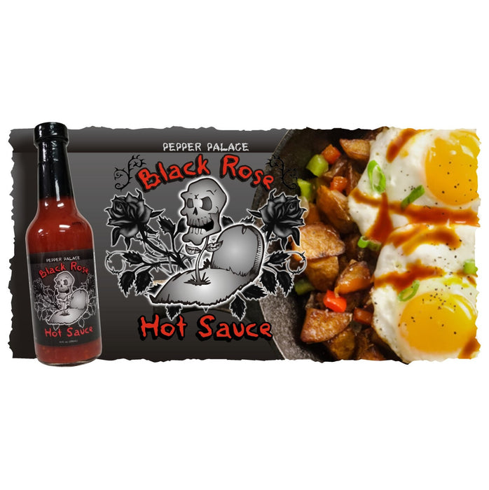 Pepper Palace Black Rose Hot Sauce on hash browns and eggs