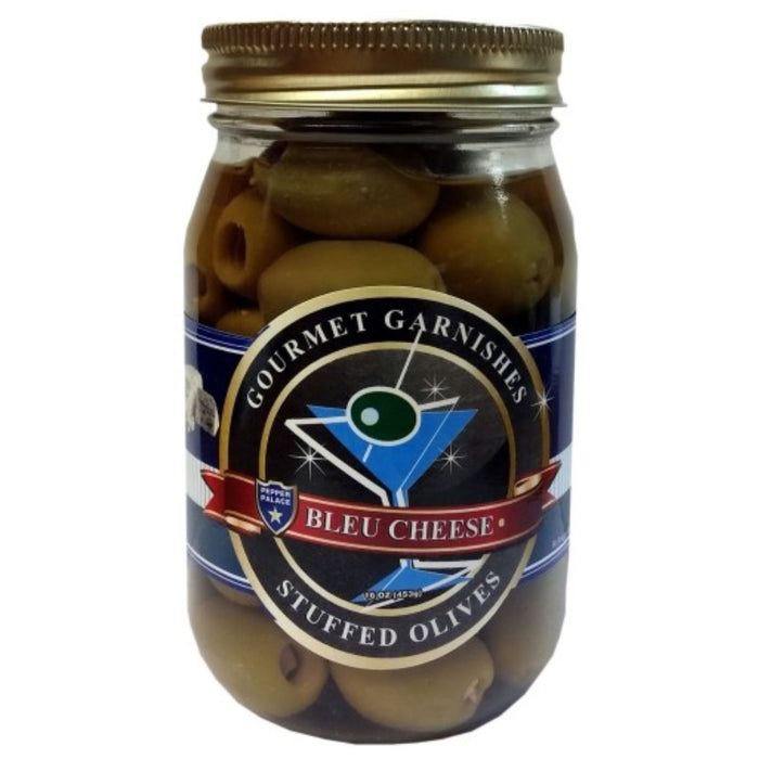 Pepper Palace Gourmet Garnishes Blue Cheese Olives in a jar