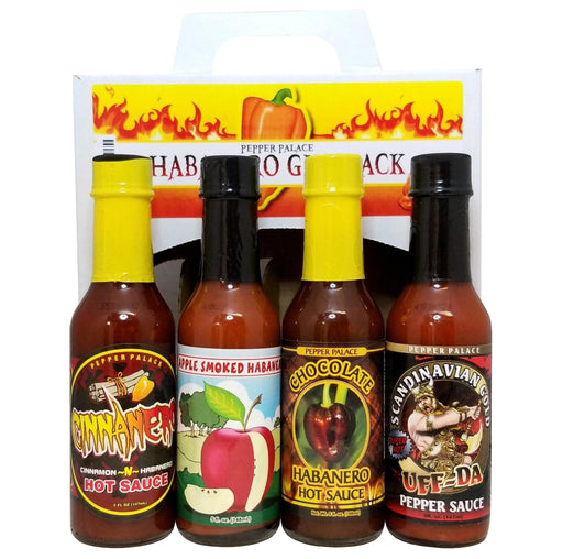 Pepper Palace Habanero Pepper Gift Pack with sauce bottles in front