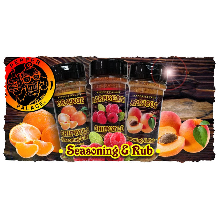 Pepper Palace Orange Chipotle Seasoning & Rub line with fruit