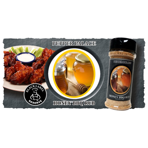 Honey BBQ Rub with a jar of honey and plate of chicken wings