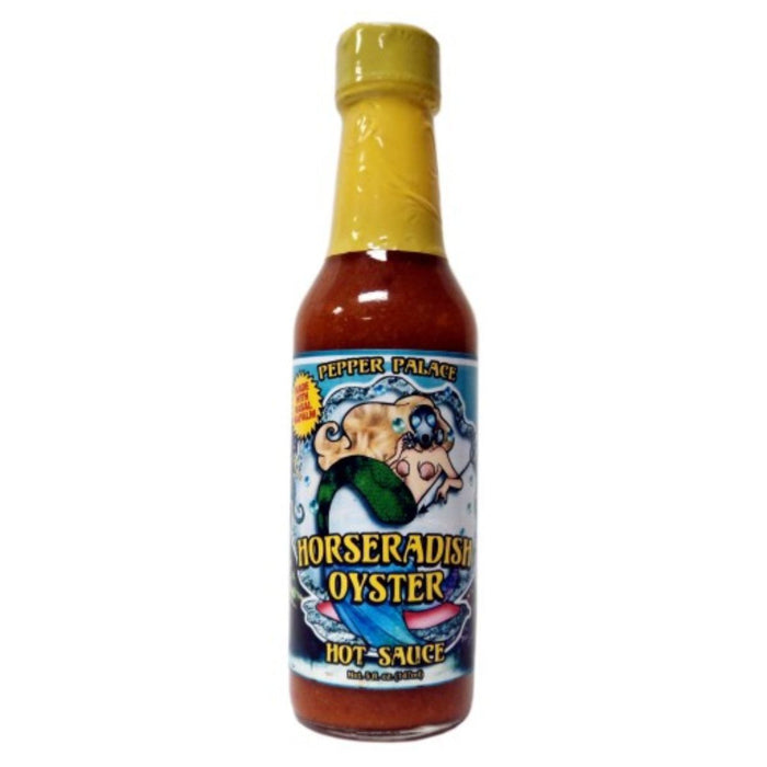 Pepper Palace Horseradish Oyster Hot Sauce in a bottle with mermaid on label and yellow topper