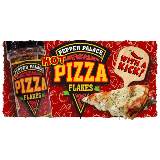 Hot Pizza Flakes with a slice of pizza and a pizza board