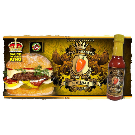 King Habanero Hot Sauce with a hamburger