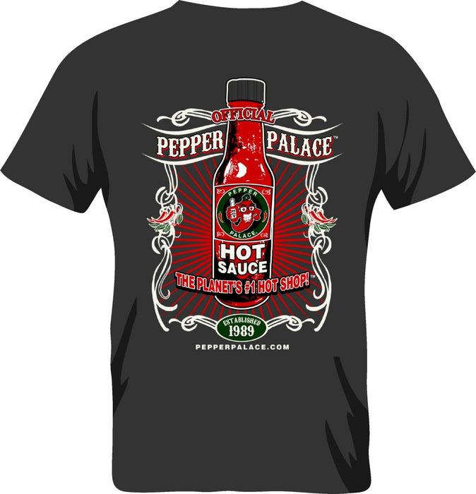 Pepper Palace Grey Bottle TShirt back with bottle of hot sauce